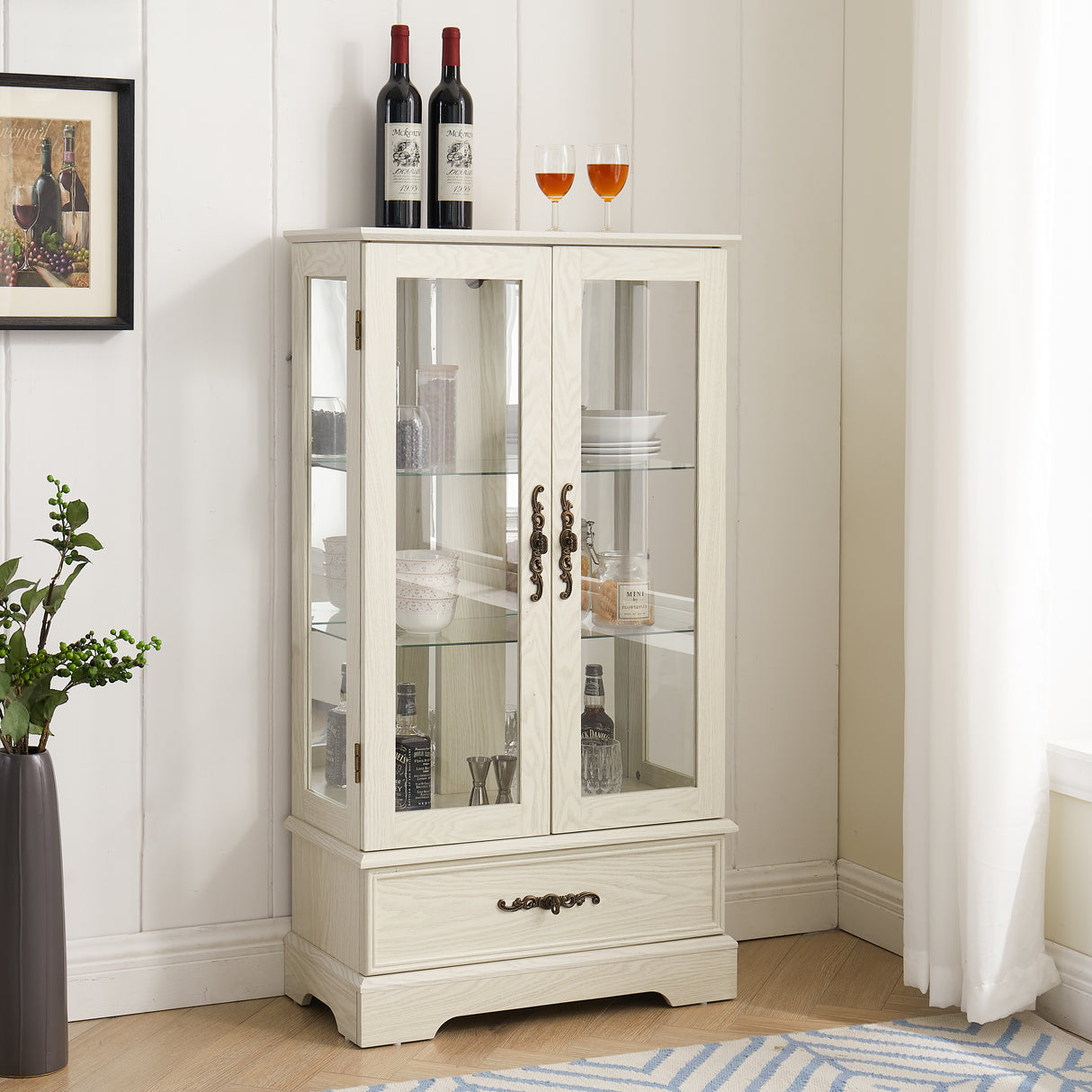 Light colored glass cabinet Curio display cabinet with adjustable glass frame, 2 doors and 1 drawer, including white light bulbs - V.I.P Digital Presence