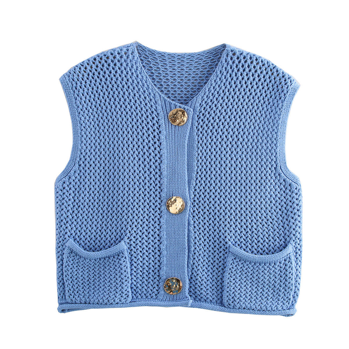 Street Fashion Crochet Hollow Vest Solid Color Versatile Round Neck Jacket - V.I.P Digital Presence