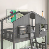 Twin over Twin House Bunk Bed with Roof , Window, Window Box, Door , with Safety Guardrails and Ladder, Grey - V.I.P Digital Presence