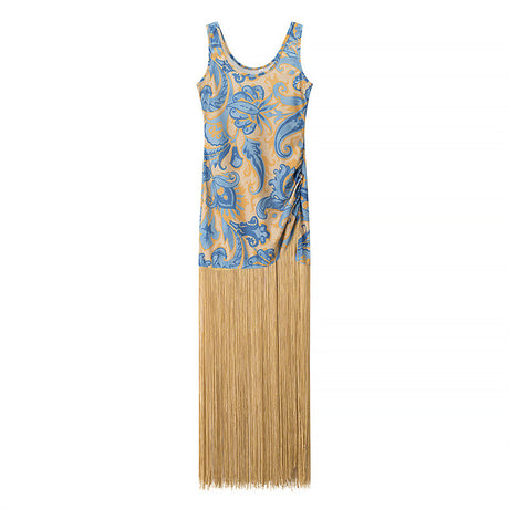 Elegant Sleeveless Printed Tassel Spliced Dress with Style - V.I.P Digital Presence