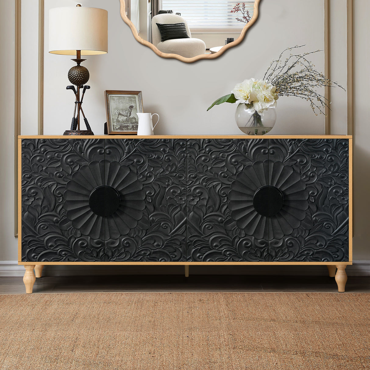 Black Carved Symmetrical Design Door And Wood Coloured Frame For TV Stand Table,Living Room ,Entryway - V.I.P Digital Presence