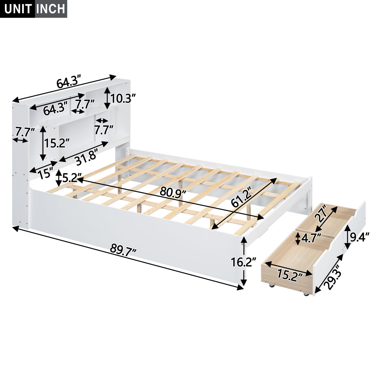Queen Size Platform Bed with Storage Headboard and 2 Drawers, White - V.I.P Digital Presence