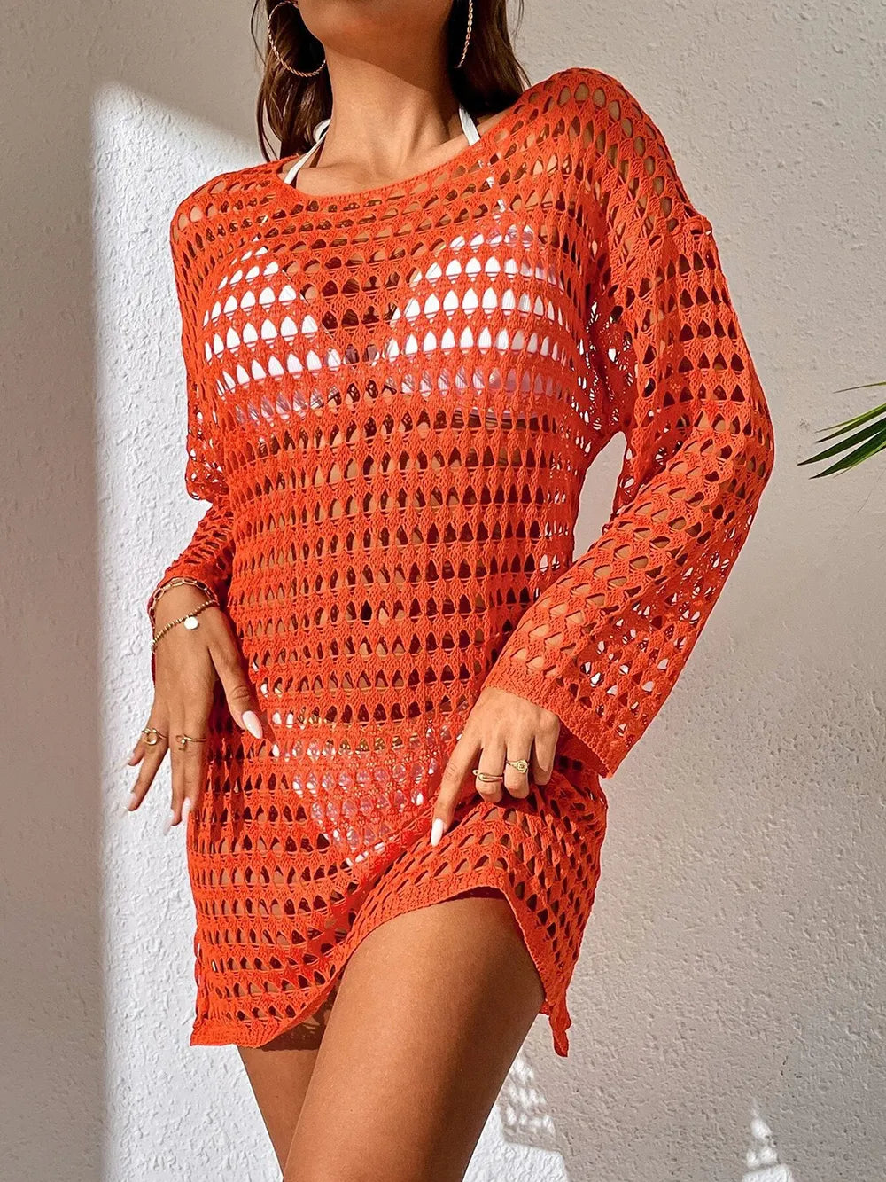 Knitted hollowed out pullover round neck long sleeved bikini swimsuit cover - V.I.P Digital Presence