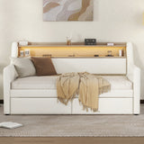 Twin Size Daybed with Drawers, Upholstered Daybed with Charging Station and LED Lights, White - V.I.P Digital Presence