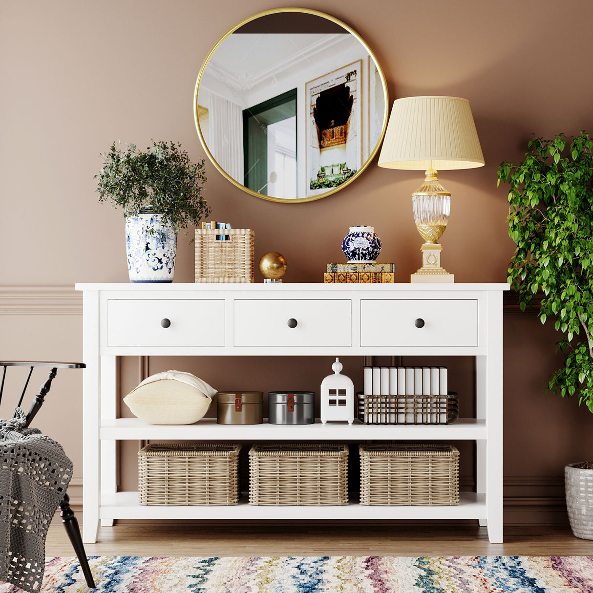 Retro Design Console Table with Two Open Shelves, Pine Solid Wood Frame and Legs for Living Room (Antique White) - V.I.P Digital Presence