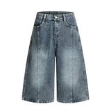 Punk Washed Distressed Denim Shorts Men's Summer Plaid Belted Contrast Pocket Loose Wide-Leg Three-Quarter Pants - V.I.P Digital Presence