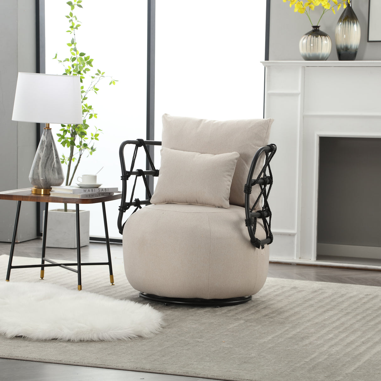 COOLMORE Upholstered Tufted Living Room Chair Textured Linen Fabric Accent Chair with Metal Stand - V.I.P Digital Presence