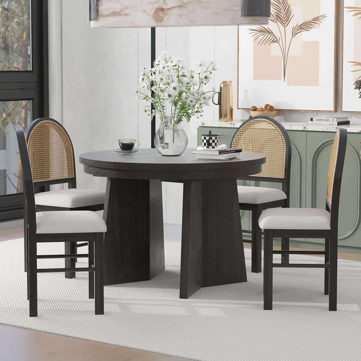 TREXM 5-piece retro functional cutlery set with 1 expandable dining table and 4 cushioned chairs with rattan backrests (espresso - V.I.P Digital Presence