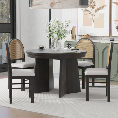 TREXM 5-piece retro functional cutlery set with 1 expandable dining table and 4 cushioned chairs with rattan backrests (espresso - V.I.P Digital Presence