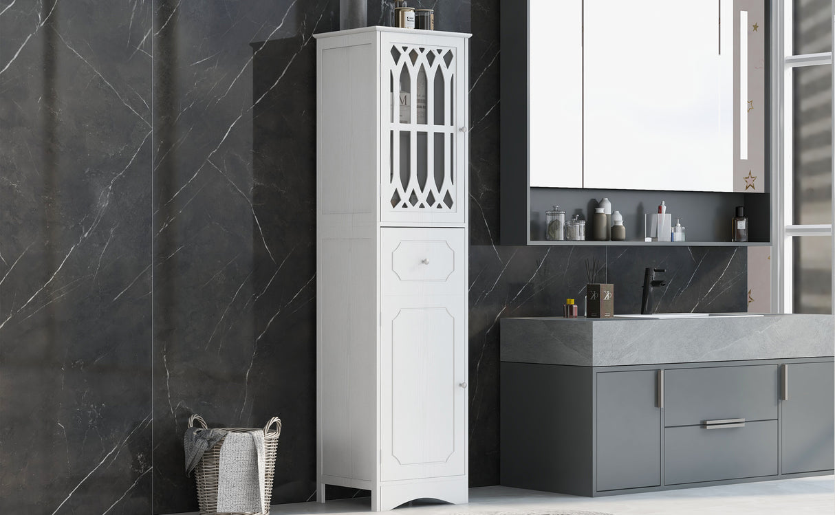 Tall Bathroom Cabinet, Freestanding Storage Cabinet with Drawer and Doors, MDF Board, Acrylic Door, Adjustable Shelf, White - V.I.P Digital Presence