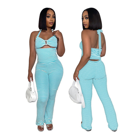 Belted Short Top with Slim Pencil Skirt Two-Piece Set in Jacquard Stripe - V.I.P Digital Presence