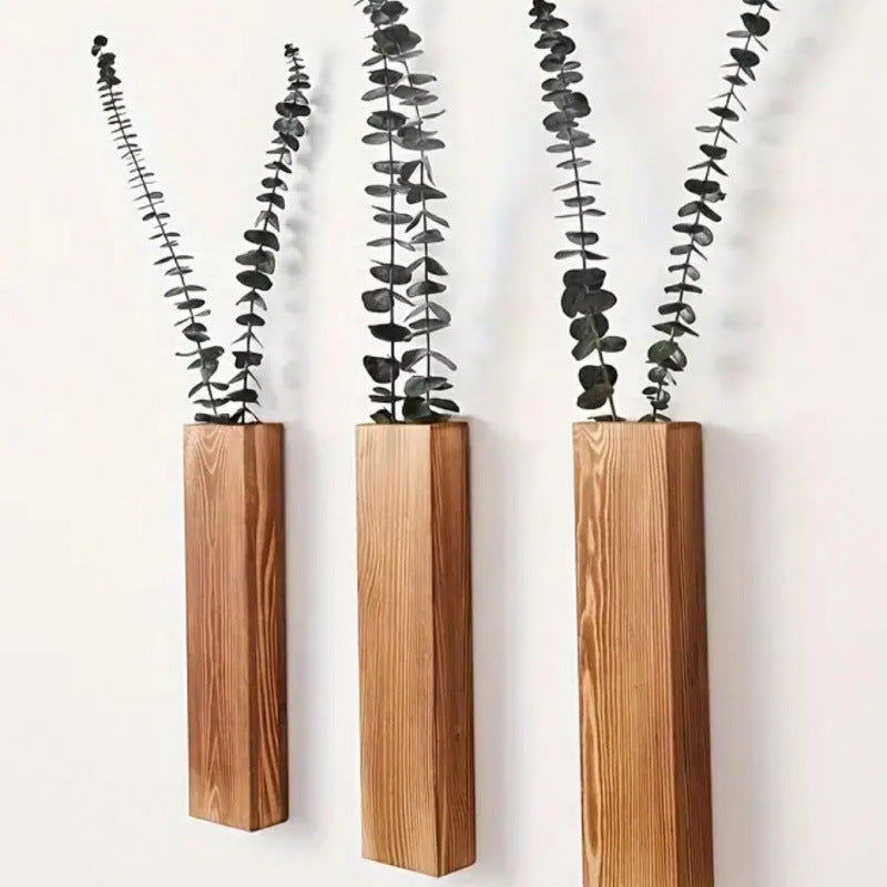 Wooden wall vase dried flower decoration green plant container pine wood wall hanging vase - V.I.P Digital Presence