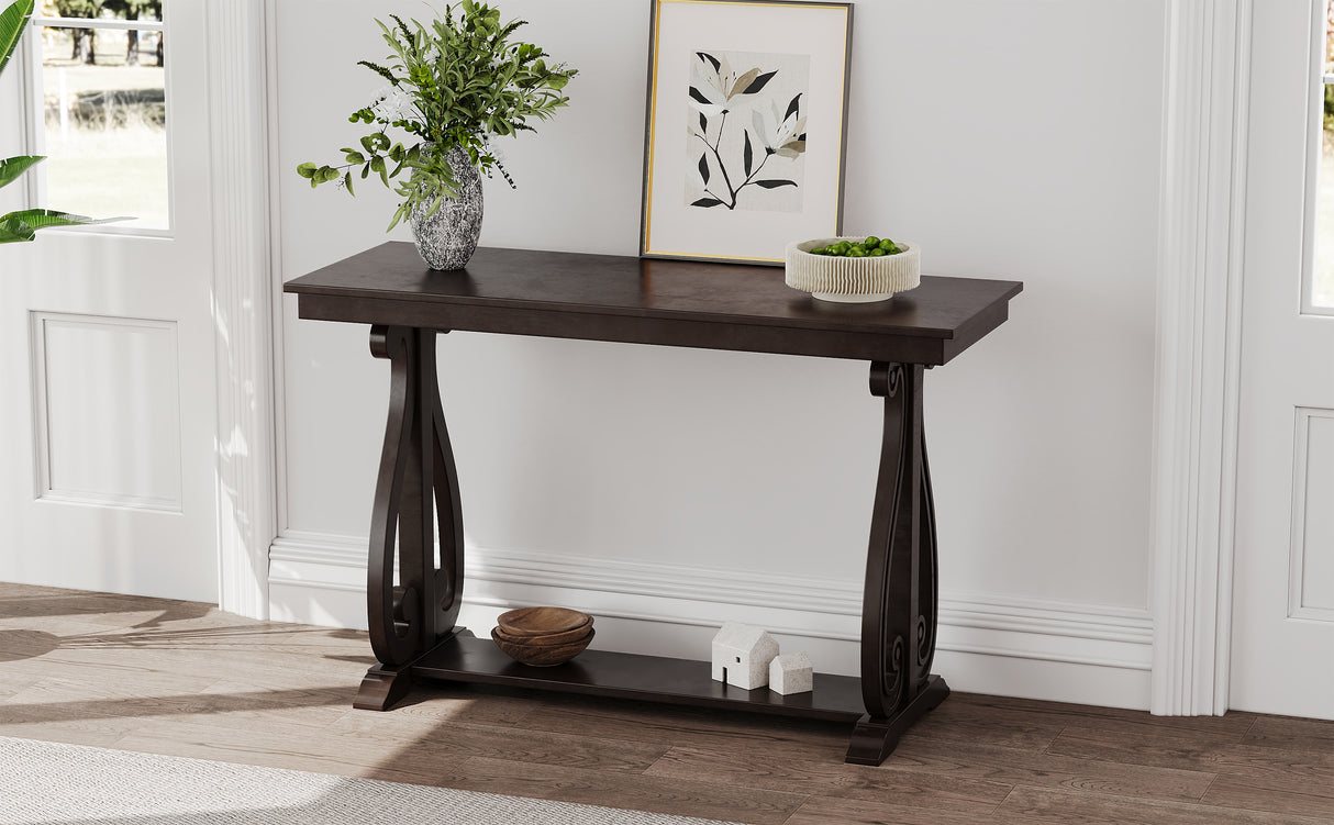 48-Inch Rustic Vintage Console Table --- Farmhouse Style Entryway Table with Open Shelf and Sturdy Construction  (Espresso) - V.I.P Digital Presence
