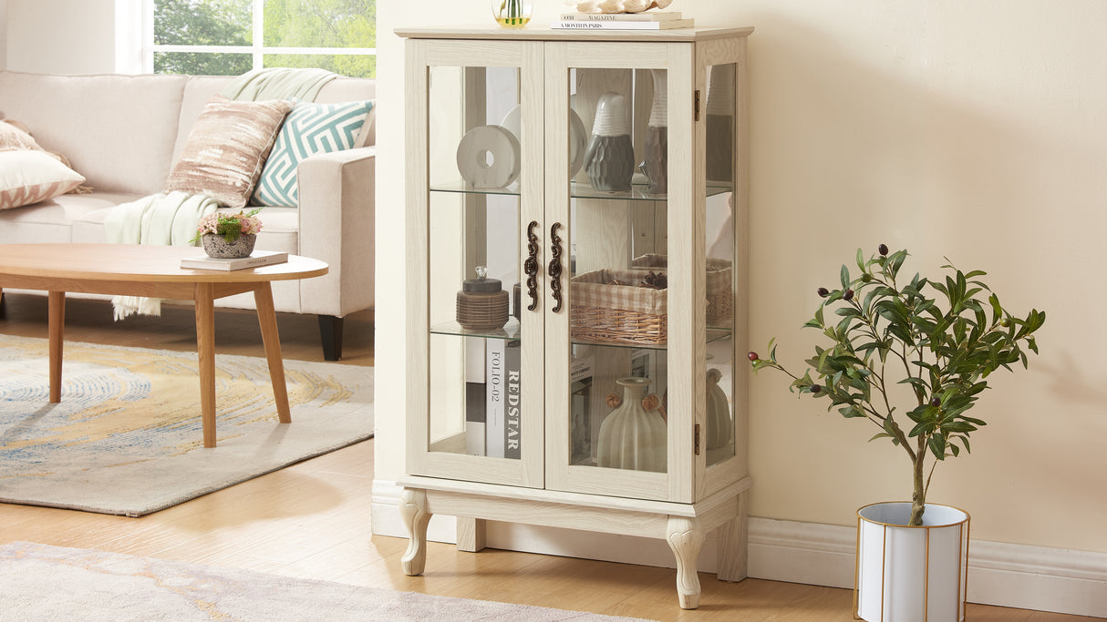 Dual door Curio cabinet with tempered glass door mirror back panel and adjustable shelf display cabinet with light bulbs, white - V.I.P Digital Presence