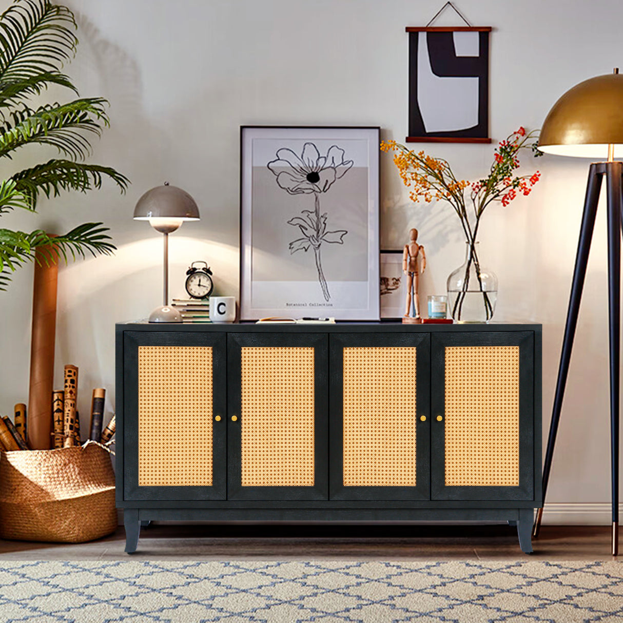 Handcrafted Premium Grain Panels Rattan Sideboard Buffer Cabinet Accent Storage Cabinet With 4 Rattan Doors BLACK - V.I.P Digital Presence