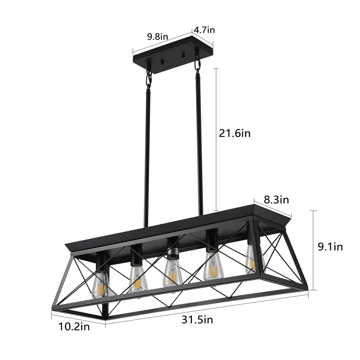 5-light farmhouse pendant light, metal pendant light island fixture, modern rectangular island light, pure black (no bulb) - V.I.P Digital Presence