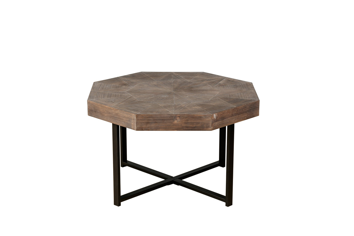 Wooden octagonal retro patchwork craft 30 inch wooden tabletop cross metal leg coffee table (antique brown) - V.I.P Digital Presence
