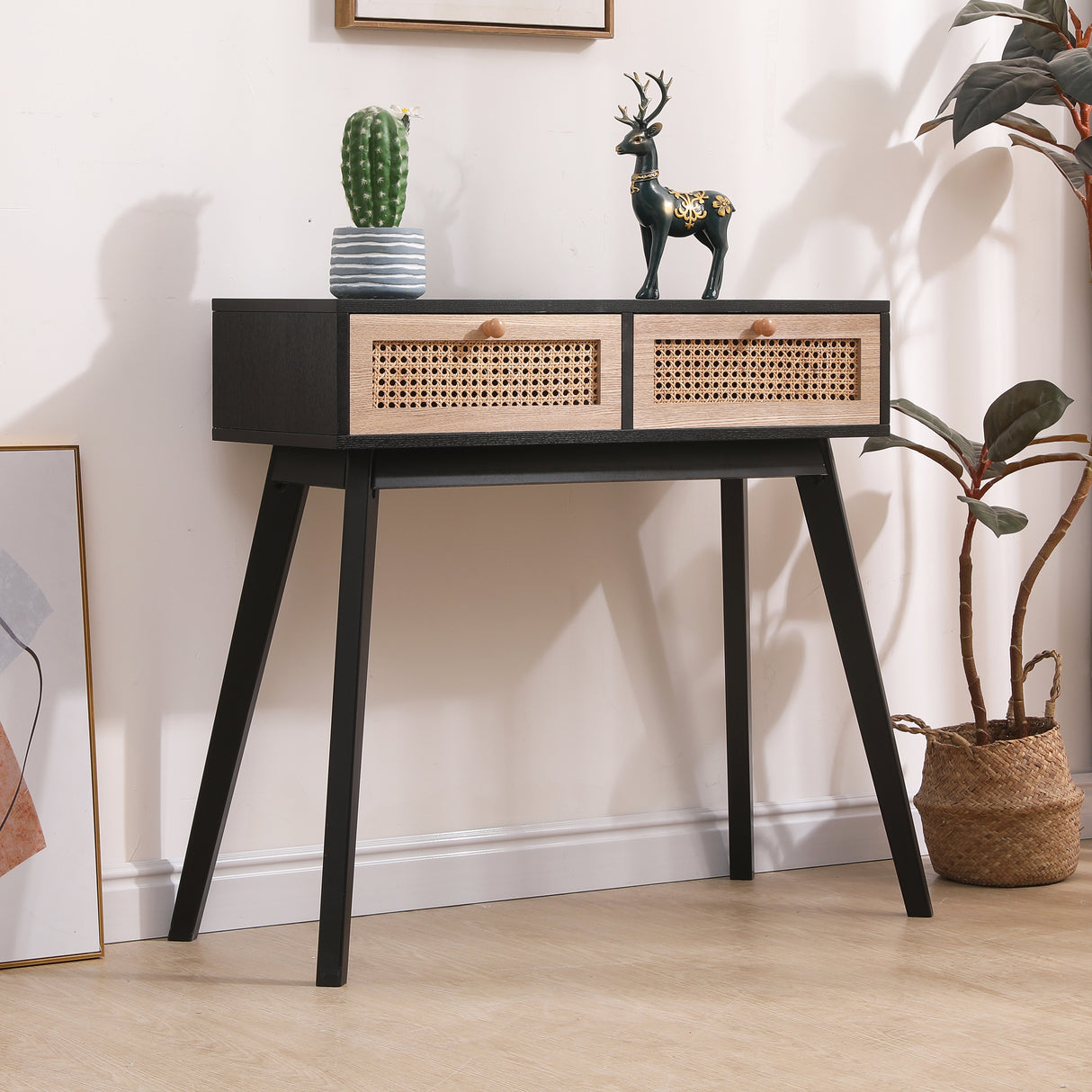 Side table with two real rattan drawers, solid wood table legs,can be used in the dining room, living room,bedroom - V.I.P Digital Presence