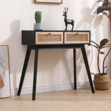Side table with two real rattan drawers, solid wood table legs,can be used in the dining room, living room,bedroom - V.I.P Digital Presence