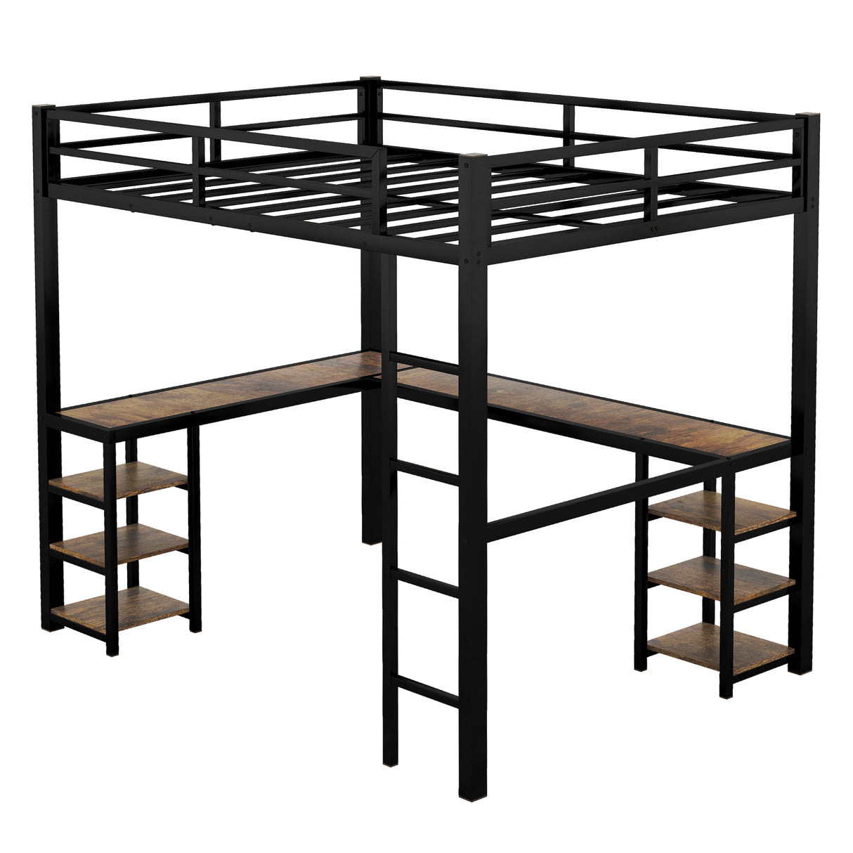 Full metal loft bed with desk and shelf, loft bed with ladder and guardrail, bedroom loft bed frame, black - V.I.P Digital Presence