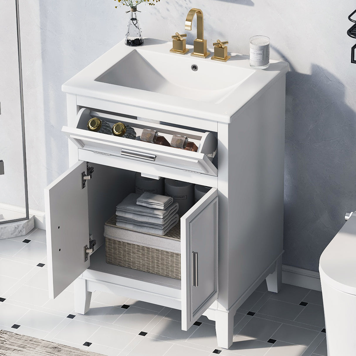 24" Bathroom Vanity with Sink, Bathroom Vanity Cabinet with One Flip Drawer and Doors, Solid Wood and MDF, White - V.I.P Digital Presence