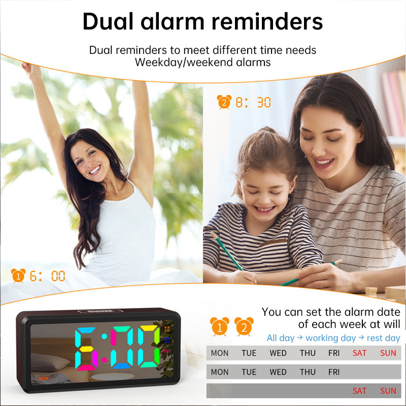 LED Wood-Grain Wooden Clock, RGB Color-Changing Dimming, Daylight Saving Time & Week Display, Desktop Electronic Alarm Clock - V.I.P Digital Presence