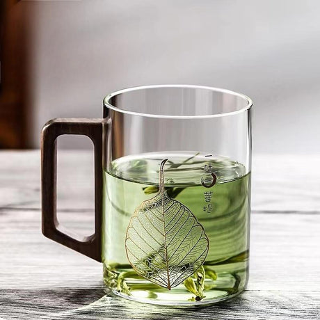 High end green tea cup with walnut handle and lid. High temperature resistant glass office drinking cup - V.I.P Digital Presence