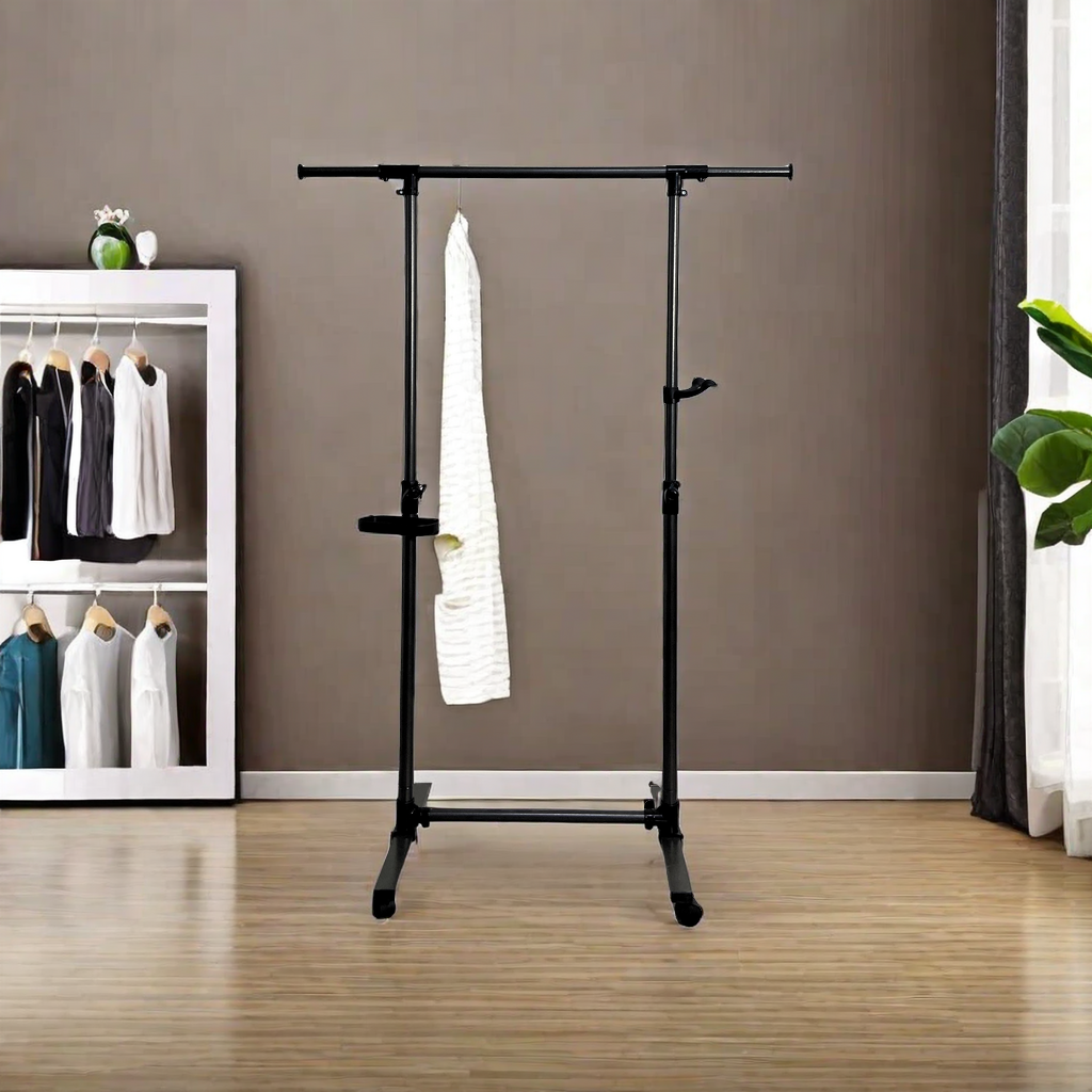 Short clothes hanger with chassis and wheels, heavy-duty rolling clothes hanger, black - V.I.P Digital Presence