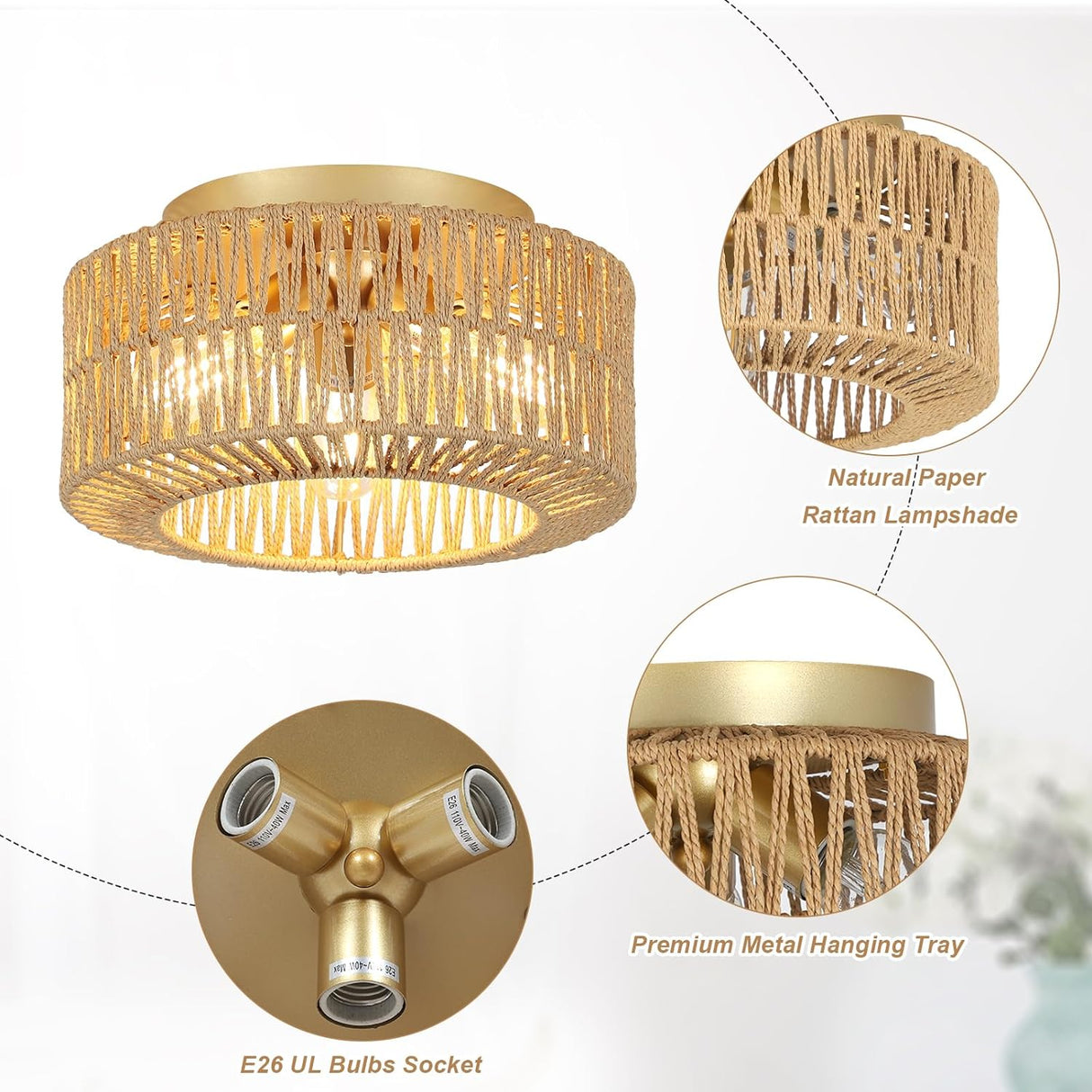 Boho Light Fixtures Ceiling Mount 3-Light Farmhouse Rattan Ceiling Light Fixture Flush Mount Ceiling Light with Hand-Woven Shade - V.I.P Digital Presence