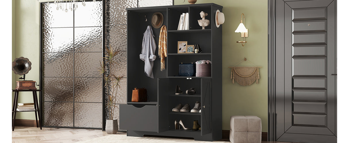 Multi-functional Hall Tree with Storage Shelves Drawers and Cabinet, Elegant Hallway Shoe Cabinet with Bench Modern Black - V.I.P Digital Presence