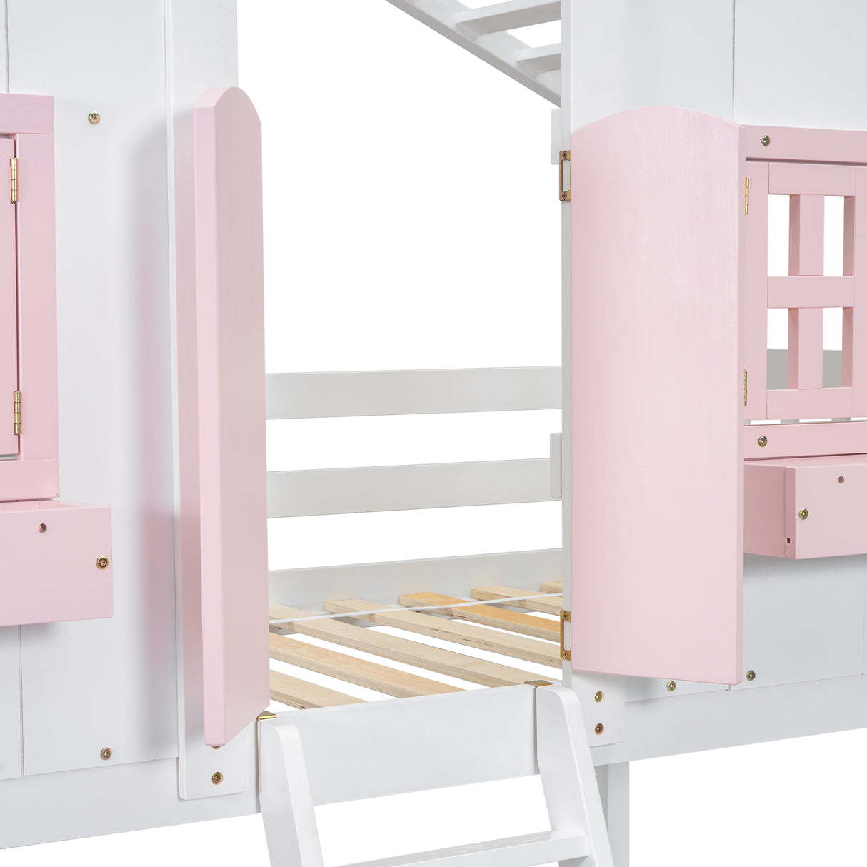 Twin over Twin House Bunk Bed with Roof , Window, Window Box, Door , with Safety Guardrails and Ladder, Pink/White - V.I.P Digital Presence