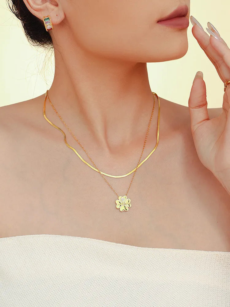 2 Piece 18K Gold-Plated Inlaid Zircon Lucky Clover Necklace - V.I.P Digital Presence