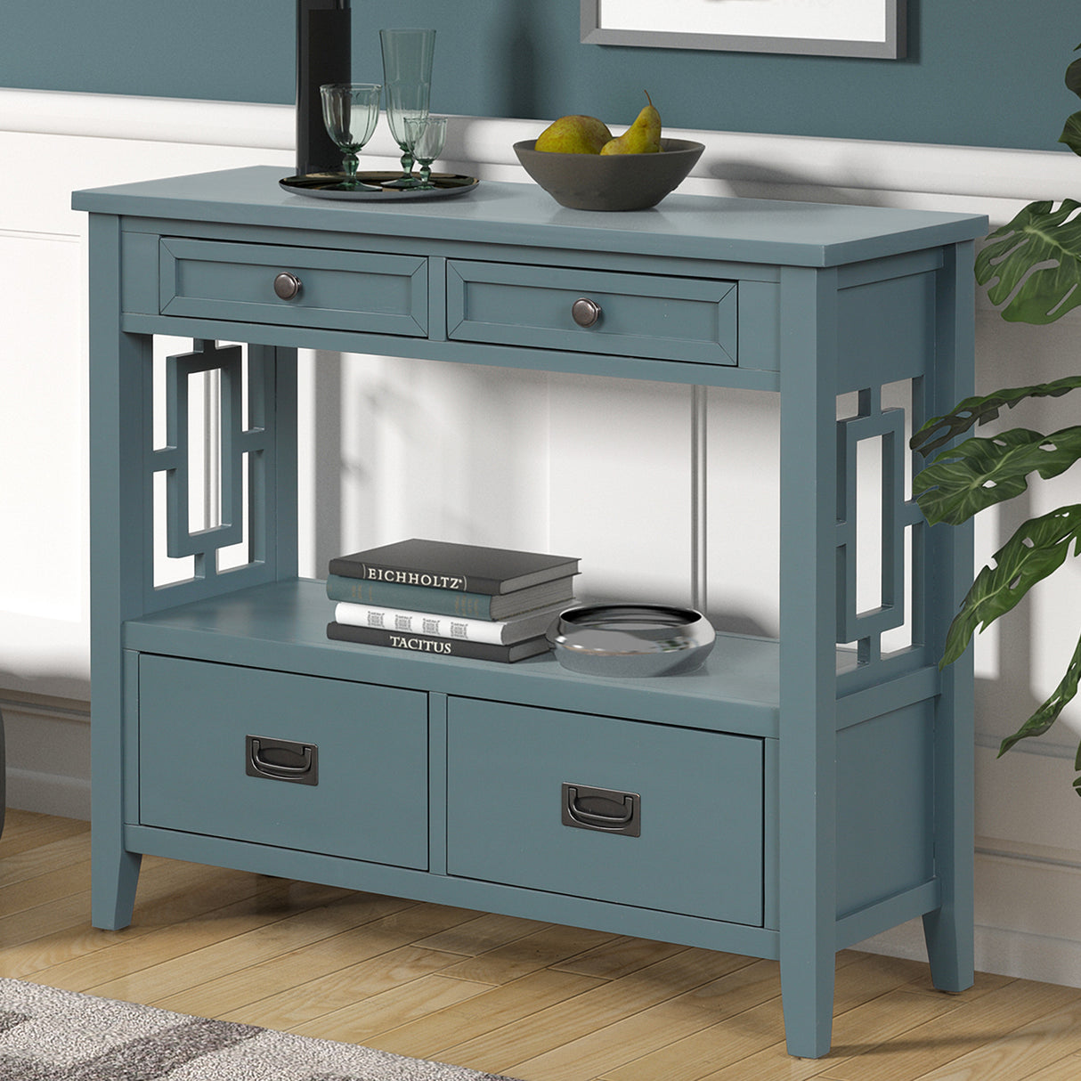36'' Farmhouse Pine Wood Console Table Entry Sofa Table with 4 Drawers & 1 Storage Shelf ( Blue) - V.I.P Digital Presence