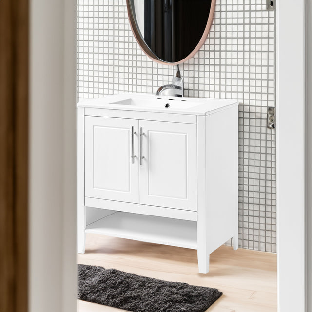 30" Bathroom Vanity with Sink  Multi-functional Bathroom Cabinet with Doors and Drawers Solid Frame and MDF Board, White - V.I.P Digital Presence