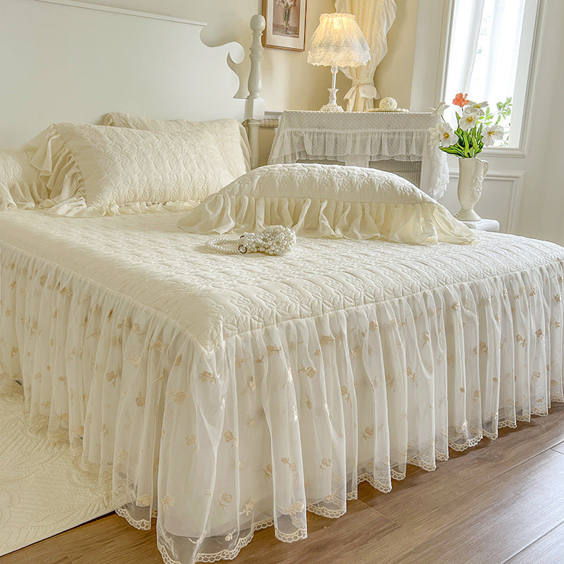Lace rose embroidery all cotton four piece set pure cotton bed with cotton clip bed skirt duvet cover - V.I.P Digital Presence