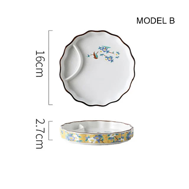 Dumpling plate sushi plate round square plate with soy sauce and vinegar partitioned snack plate ceramic plate for home use - V.I.P Digital Presence