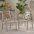 Outdoor Modern Aluminum Dining Chair with Faux Wood Seat (Set of 2), Natural and Silver - V.I.P Digital Presence