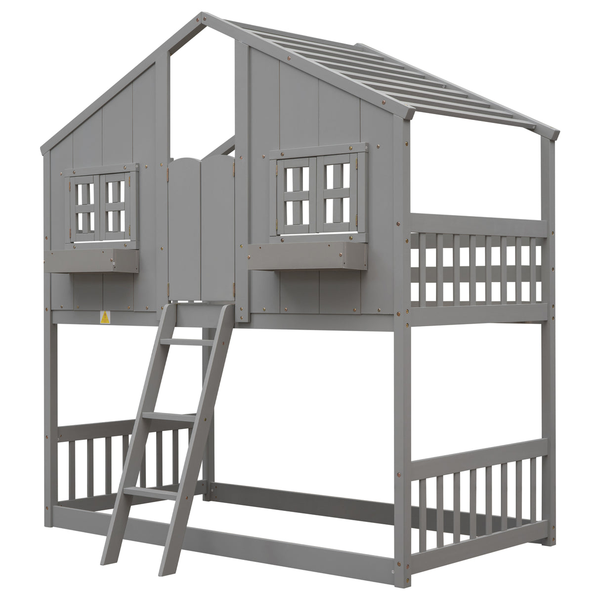 Twin over Twin House Bunk Bed with Roof , Window, Window Box, Door , with Safety Guardrails and Ladder, Grey - V.I.P Digital Presence