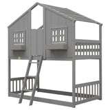 Twin over Twin House Bunk Bed with Roof , Window, Window Box, Door , with Safety Guardrails and Ladder, Grey - V.I.P Digital Presence