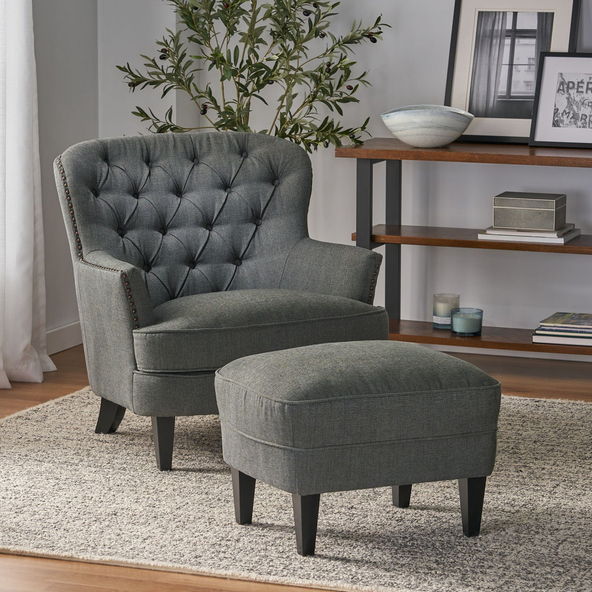 Modern grey fabric club chair and Ottoman set, stylish cushioned armchair, paired with Ottoman style - V.I.P Digital Presence