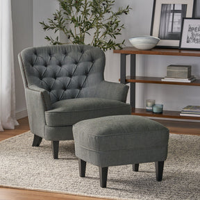Modern grey fabric club chair and Ottoman set, stylish cushioned armchair, paired with Ottoman style - V.I.P Digital Presence