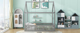 Full Size Wood House Bed with Fence and Door, Gray - V.I.P Digital Presence