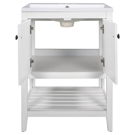 24" White Modern Sleek Bathroom Vanity Elegant Ceramic Sink with Solid Wood Frame Open Style Shelf - V.I.P Digital Presence