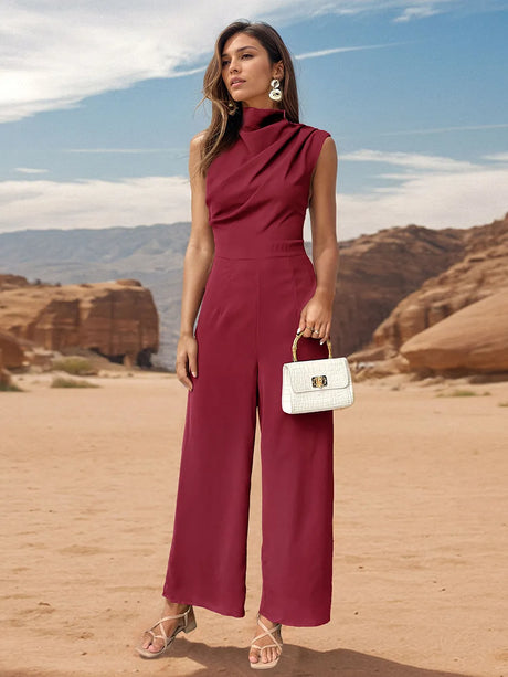 Ruched Mock Neck Sleeveless Jumpsuit - V.I.P Digital Presence