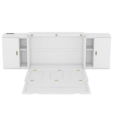 Full Size Murphy Bed with Shelves, Cabinets and USB Ports,White