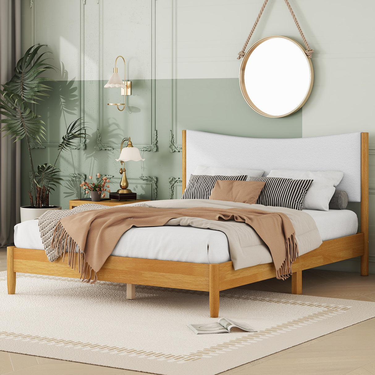 Queen Size Rubber Wooden , Solid Wooden Bed with Teddy Velvet Cushion Upholstered Headboard, Enhanced by Support Feet - V.I.P Digital Presence