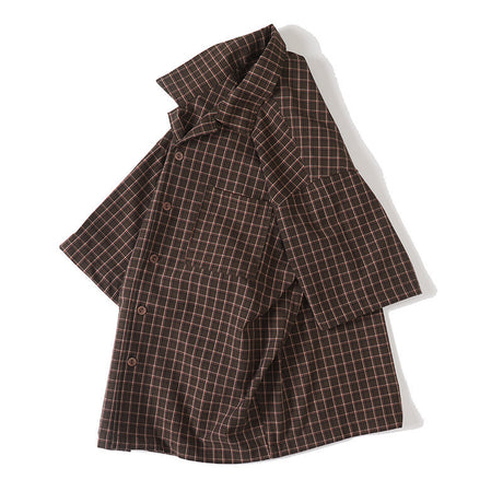 Vintage color woven plaid wrinkle resistant Cuban collar short sleeved shirt - V.I.P Digital Presence