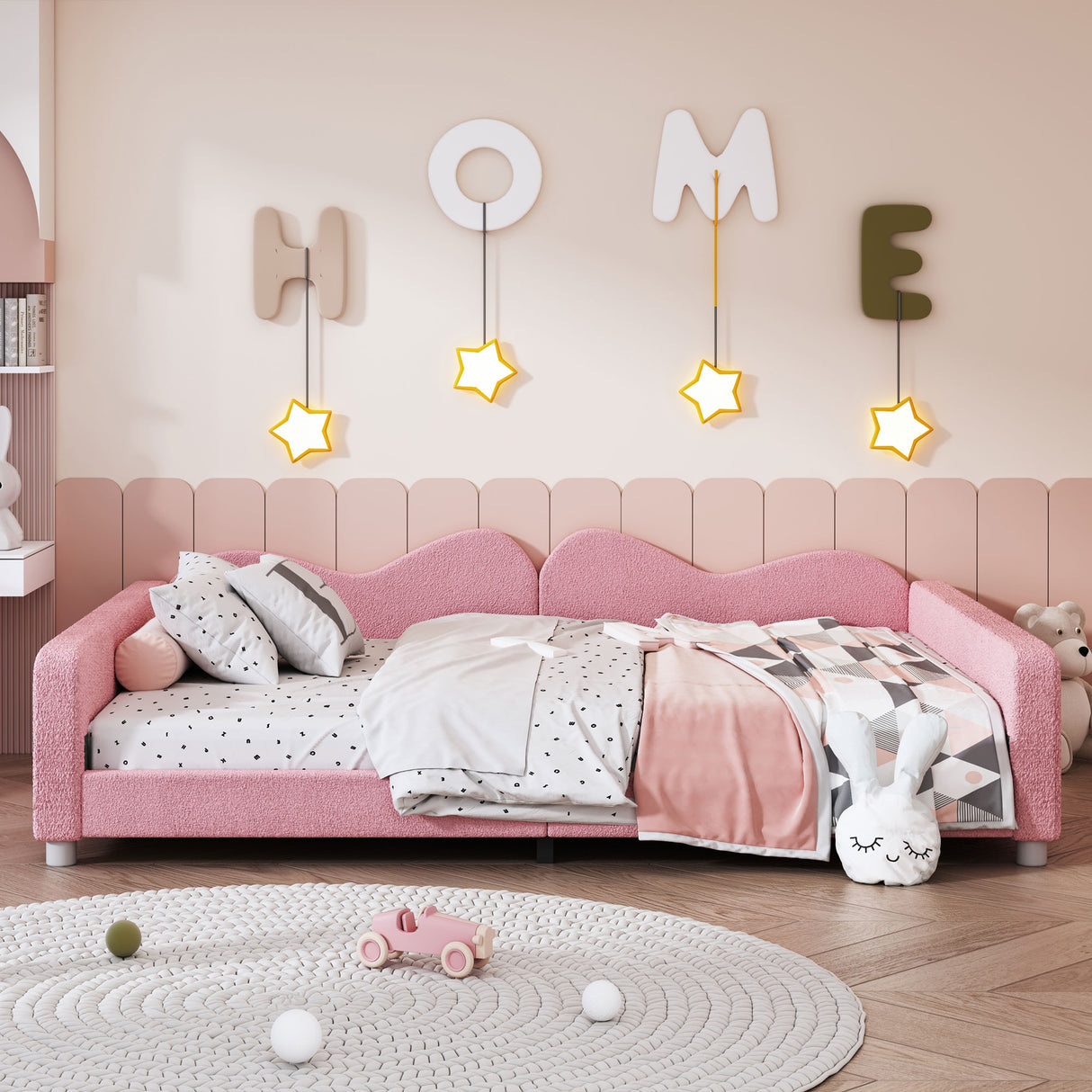 Full size Upholstered Daybed, Sherpa Fabric Sofabed with Cloud-Shaped Backrest, No Box-spring Needed, Pink - V.I.P Digital Presence