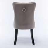 Modern high-end plush solid wood velvet cushioned dining chair with wooden leg nail head decoration, two piece set in gray