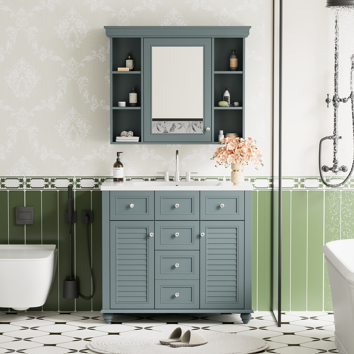 36 inch modern mirror cabinet with adjustable shelves, 2 soft closing doors, and 6 drawer storage cabinet door organizers - V.I.P Digital Presence